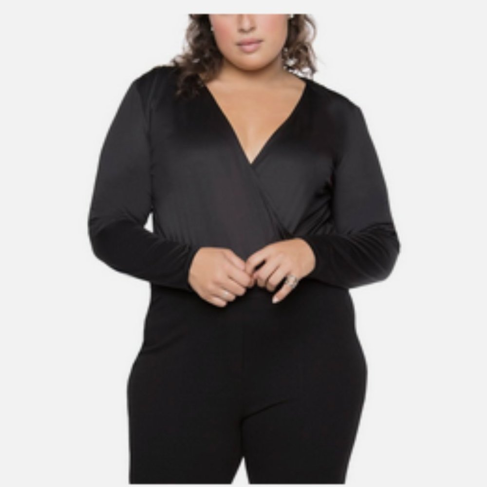 BLACK TAPE Women's Black Stretch Faux Wrap Style Long Sleeve Bodysuit